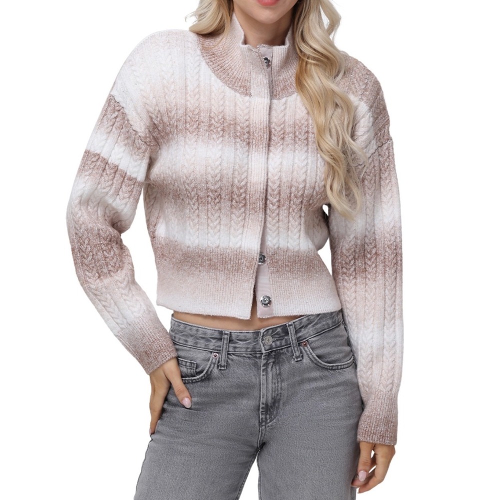 525 Born in Brooklyn Willow Sequin Cardigan Light Taupe Cable Knit Sweater Large